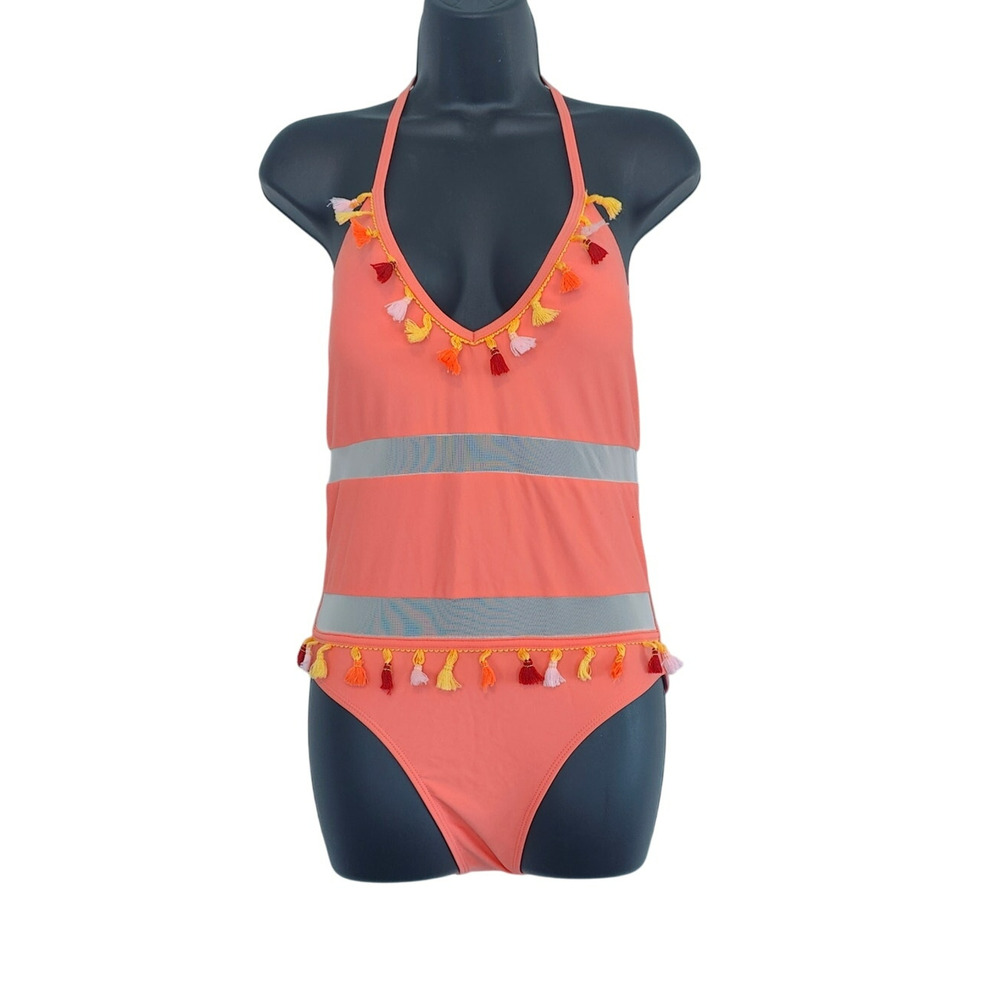 Boutique Small Pink peach Halter Top One piece Sheer Swimsuit Pom Pom Boho Chic